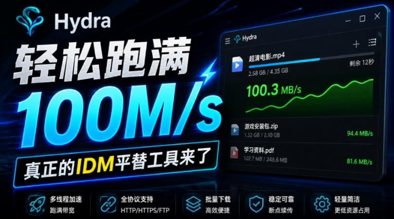 轻松跑满100M/s，真正的IDM平替工具来了，开源多线程器，支持浏览器拓展，一键智能加速Hydra Download Manager-优优云创网