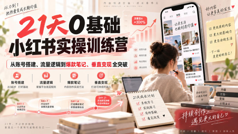 21天0基础小红书实操训练营｜从账号搭建、流量逻辑到爆款笔记、垂直变现全突破-优优云创网