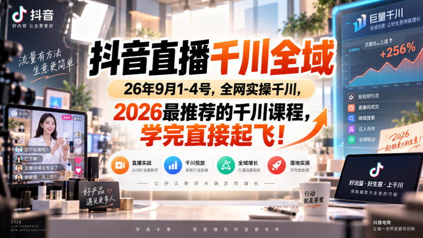 抖音直播千川全域26年9月1-4号，全网实操千川，2026最推荐的千川课程，学完直接起飞！-优优云创网