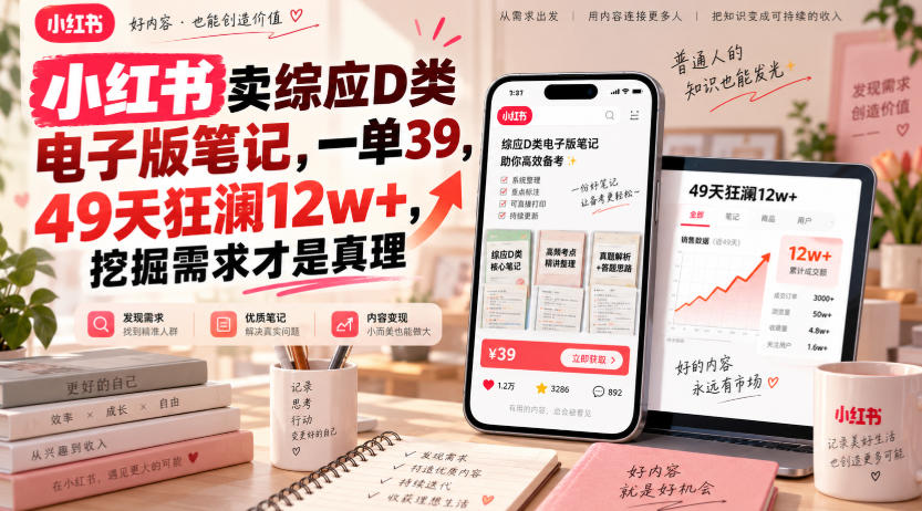 小红书卖综应D类电子版笔记，一单39，49天狂澜12w+，挖掘需求才是真理-优优云创网