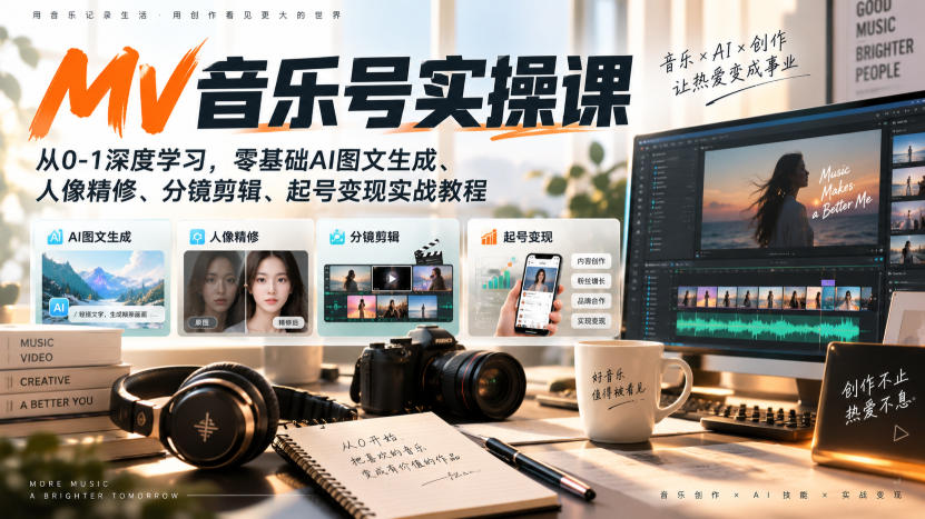 AI MV音乐号实操课,从0-1深度学习,零基础AI图文生成、人像精修、分镜剪辑、起号变现实战教程-优优云创网