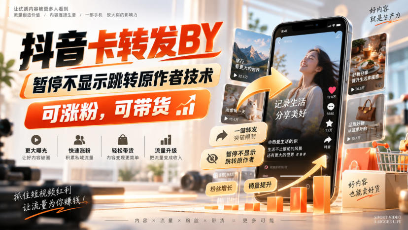 抖音卡转发搬运,暂停不显示跳转原作者技术,可涨粉,可带货-优优云创网