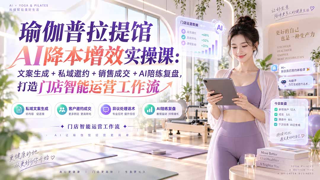 瑜伽普拉提馆AI降本增效实操课:文案生成+私域邀约+销售成交+AI陪练复盘,打造门店智能运营工作流-优优云创网