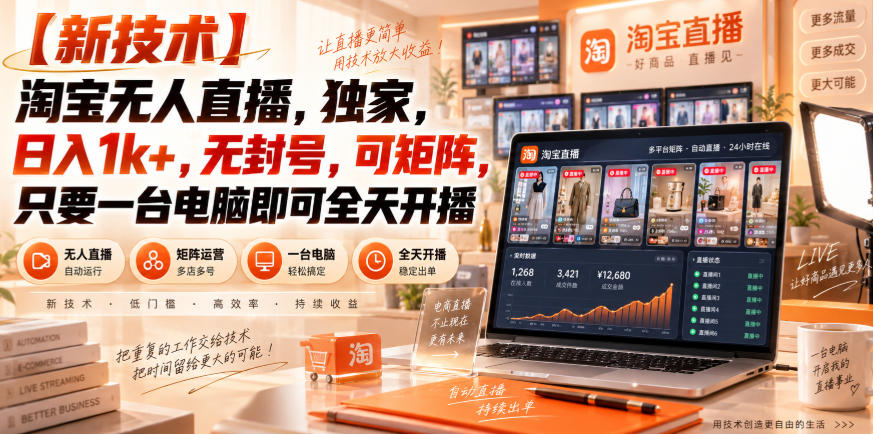 【独家新技术】淘宝无人直播,日入1k+,无封号,可矩阵,只要一台电脑即可全天开播【揭秘】-优优云创网