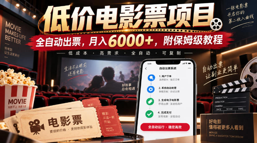 低价电影票项目,全自动出票,月入6000+,附保姆级教程【揭秘】-优优云创网