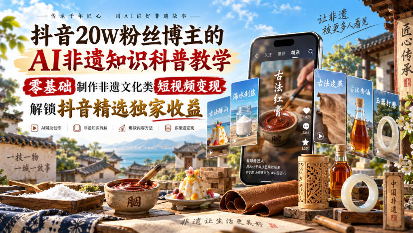 抖音20W粉丝博主的AI非遗知识科普教学,零基础制作非遗文化类短视频变现,解锁抖音精选独家收益-优优云创网