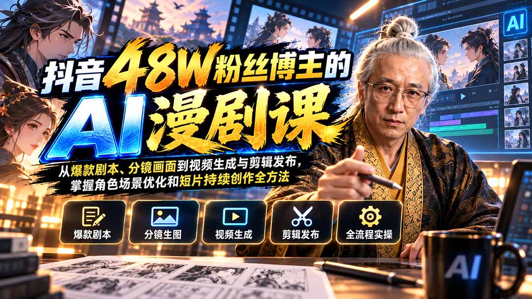 抖音48W粉丝博主的AI漫剧课:从爆款剧本、分镜画面到视频生成与剪辑发布,掌握角色场景优化和短片持续创作全方法-优优云创网