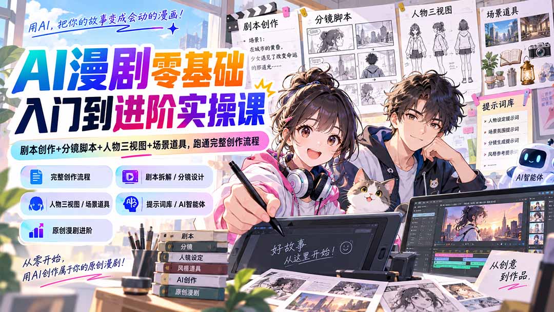 AI漫剧零基础入门到进阶实操课:剧本创作+分镜脚本+人物三视图+场景道具,跑通完整创作流程-优优云创网