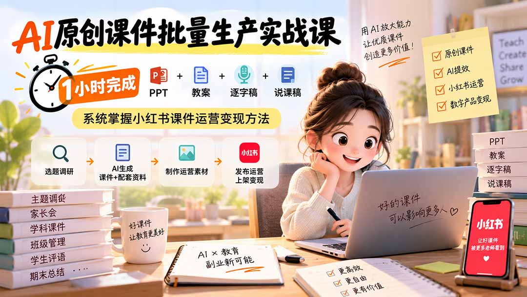 AI原创课件批量生产实战课:1小时完成PPT+教案+逐字稿+说课稿,系统掌握小红书课件运营变现方法-优优云创网