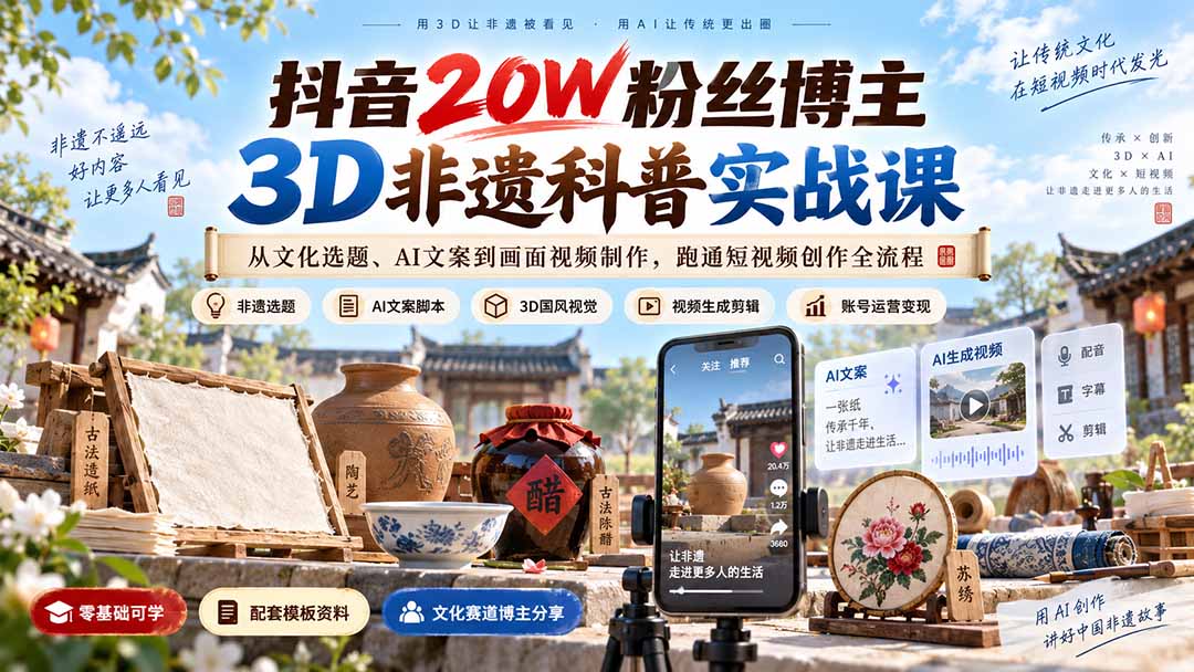 抖音20W粉丝博主3D非遗科普实战课:从文化选题、AI文案到画面视频制作,跑通短视频创作全流程-优优云创网