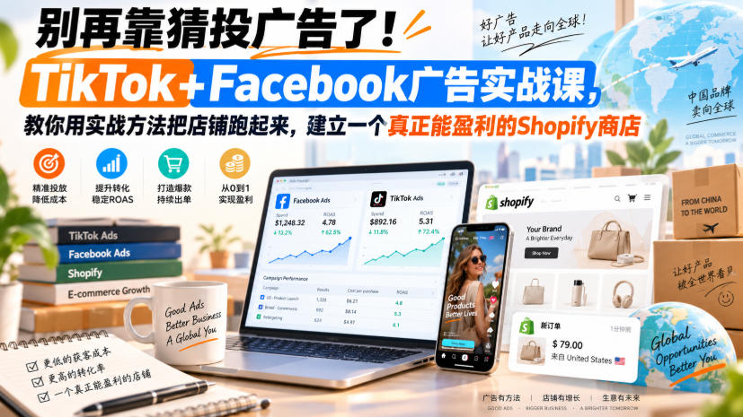 别再靠猜投广告了!TikTok+Facebook广告实战课,教你用实战方法把店铺跑起来,建立一个真正能盈利的Shopify商店【原创双语字幕】-优优云创网