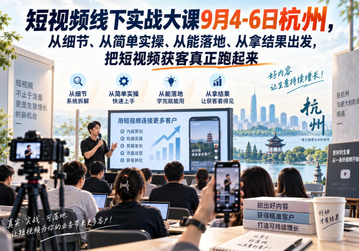 短视频线下实战大课9月4-6日杭州，从细节、从简单实操、从能落地、从拿结果出发，把短视频获客真正跑起来-优优云创网
