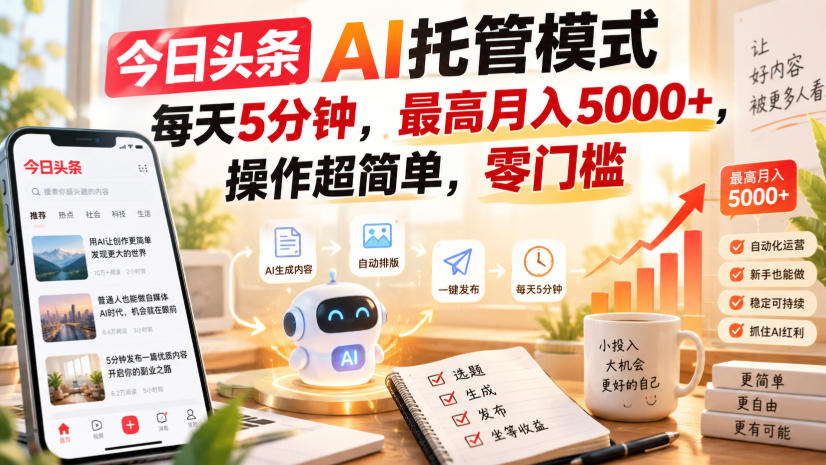今日头条AI托管模式,每天5分钟,最高月入5000+,操作超简单,零门槛【揭秘】-优优云创网