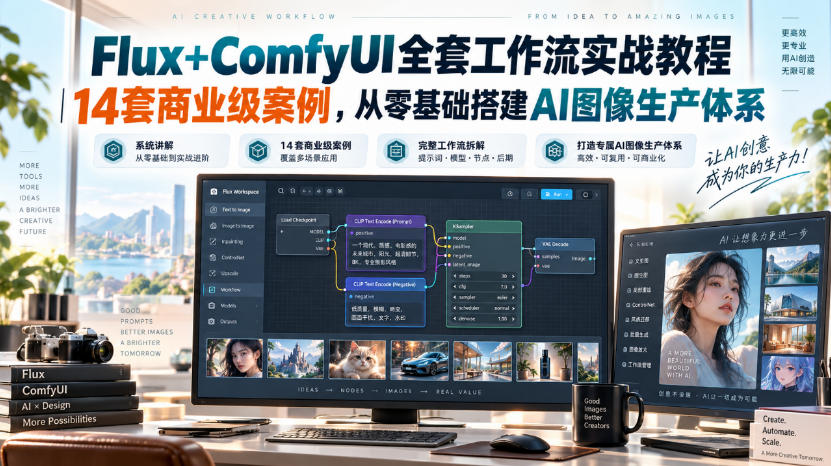 Flux+ComfyUI全套工作流实战教程|14套商业级案例,从零基础搭建AI图像生产体系-优优云创网