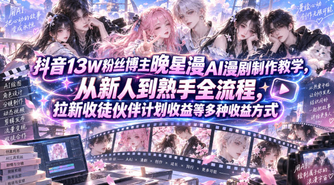 抖音13W粉丝博主晚星漫AI漫剧制作教学,从新人到熟手全流程,拉新收徒伙伴计划收益等多种收益方式,单日1K+-优优云创网