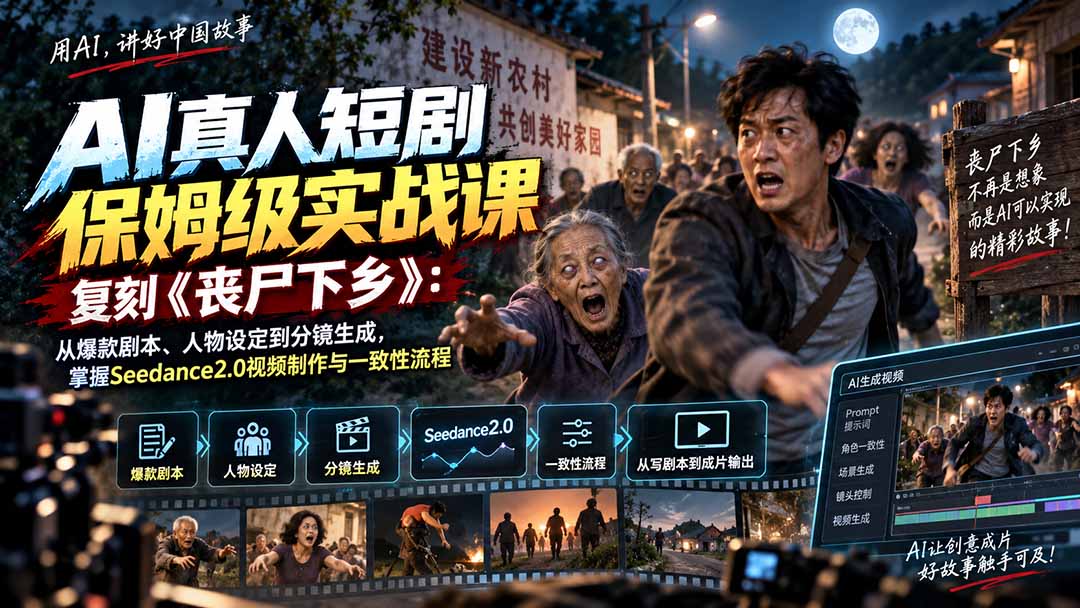 AI真人短剧保姆级实战课，复刻《丧尸下乡》：从爆款剧本、人物设定到分镜生成，掌握Seedance2.0视频制作与一致性流程-优优云创网