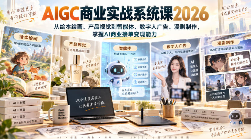 AIGC商业实战系统课2026,从绘本绘画、产品视觉到智能体、数字人广告、漫剧制作,掌握AI商业接单变现能力-优优云创网