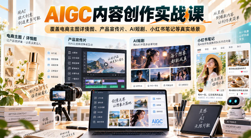 AIGC内容创作实战课,覆盖电商主图详情图、产品宣传片、AI短剧、小红书笔记等真实场景-优优云创网