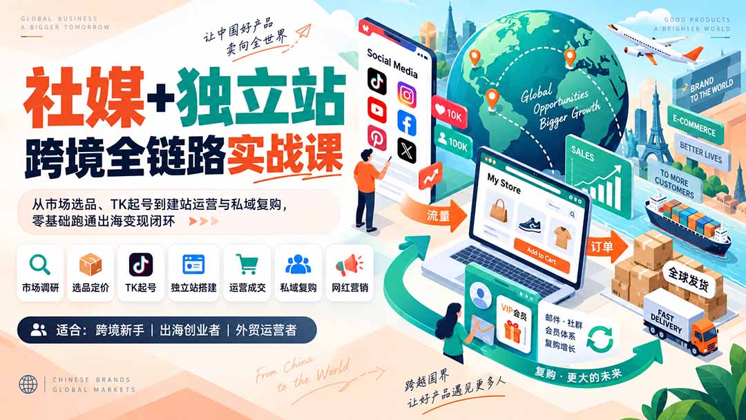 社媒+独立站跨境全链路实战课:从市场选品、TK起号到建站运营与私域复购,零基础跑通出海变现闭环-优优云创网