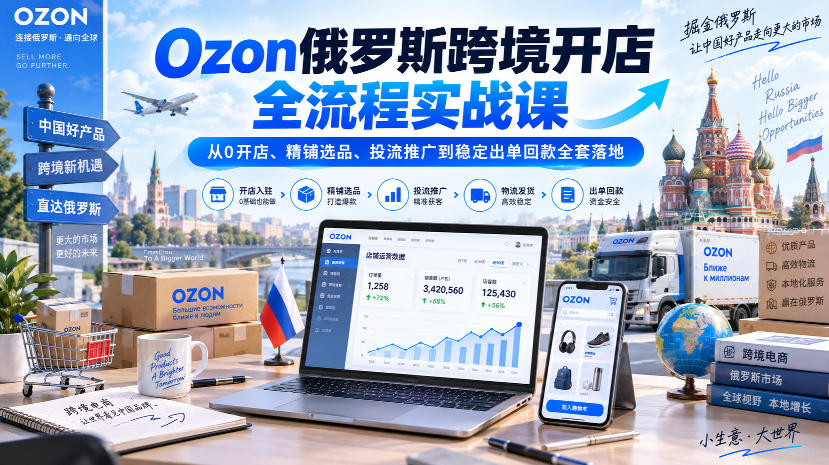 Ozon俄罗斯跨境开店全流程实战课|从0开店、精铺选品、投流推广到稳定出单回款全套落地-优优云创网