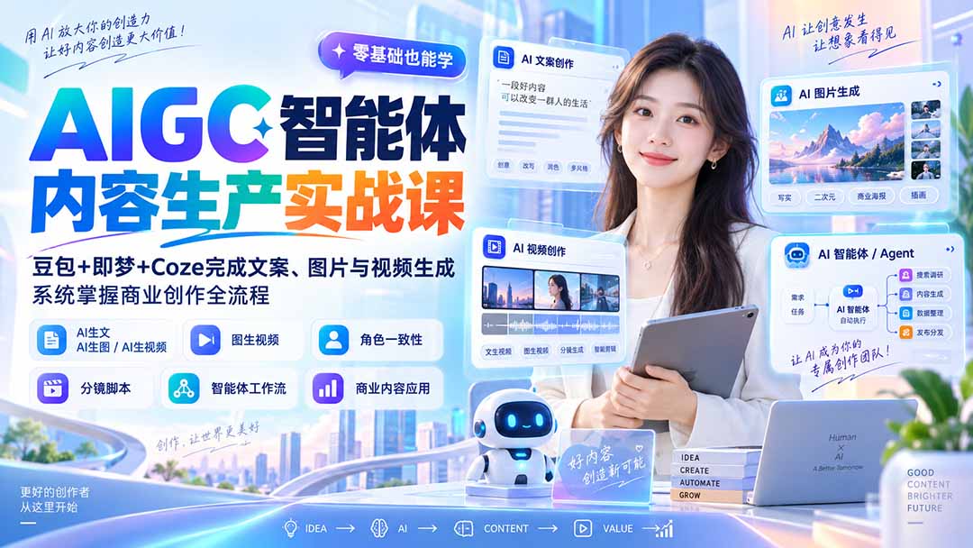 AIGC智能体内容生产实战课:豆包+即梦+Coze完成文案、图片与视频生成,系统掌握商业创作全流程-优优云创网