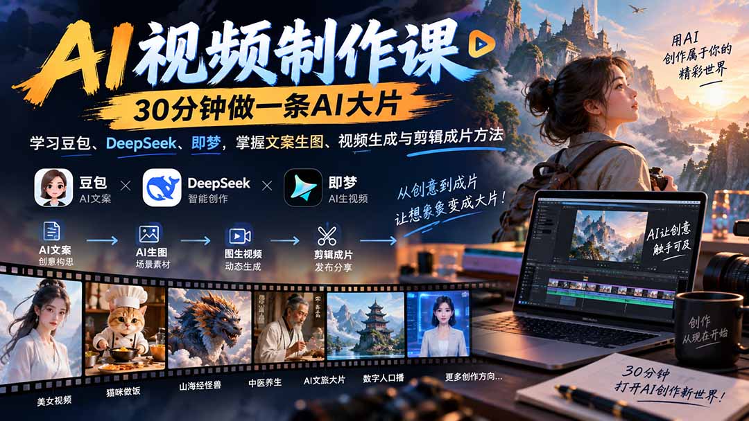 AI视频制作课-30分钟做一条AI大片：学习豆包、DeepSeek、即梦，掌握文案生图、视频生成与剪辑成片方法-优优云创网