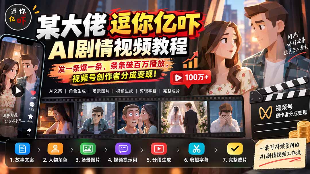 某大佬逗你亿吓AI低模剧情视频制作教程：发一条爆一条，条条破百万播放，利用视频号创作者分成变现!-优优云创网