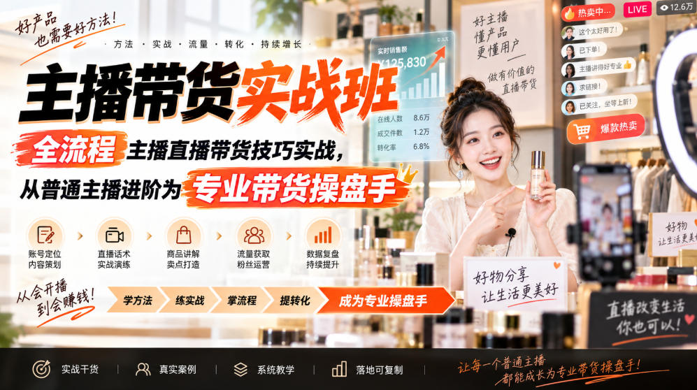 主播带货实战班ZB，全流程主播直播带货技巧实战，从普通主播进阶为专业带货操盘手-优优云创网