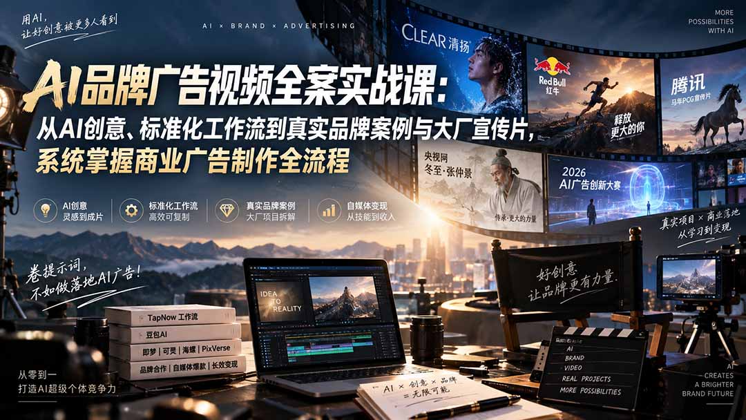 AI品牌广告视频全案实战课：从AI创意、标准化工作流到真实品牌案例与大厂宣传片，系统掌握商业广告制作全流程-优优云创网