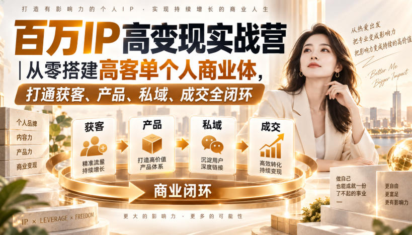 百万IP高变现实战营|从零搭建高客单个人商业体,打通获客、产品、私域、成交全闭环-优优云创网