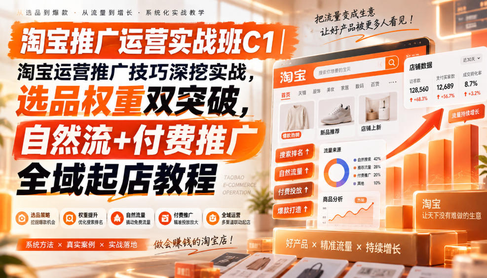 淘宝推广运营实战班C1｜淘宝运营推广技巧深挖实战，选品权重双突破，自然流+付费推广全域起店教程-优优云创网