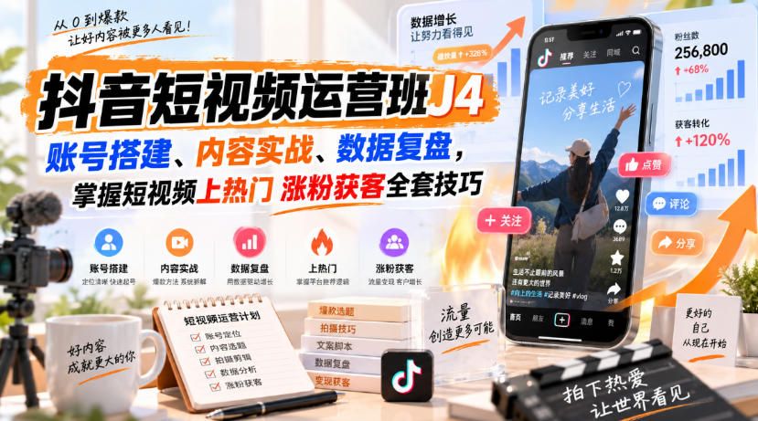 抖音短视频运营班J4｜账号搭建、内容实战、数据复盘，掌握短视频上热门涨粉获客全套技巧-优优云创网
