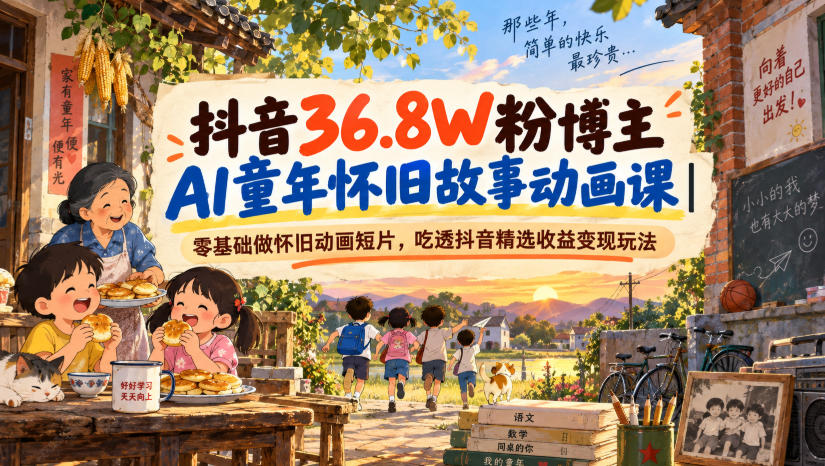 抖音36.8W粉博主AI童年怀旧故事动画课｜零基础做怀旧动画短片，吃透抖音精选收益变现玩法-优优云创网