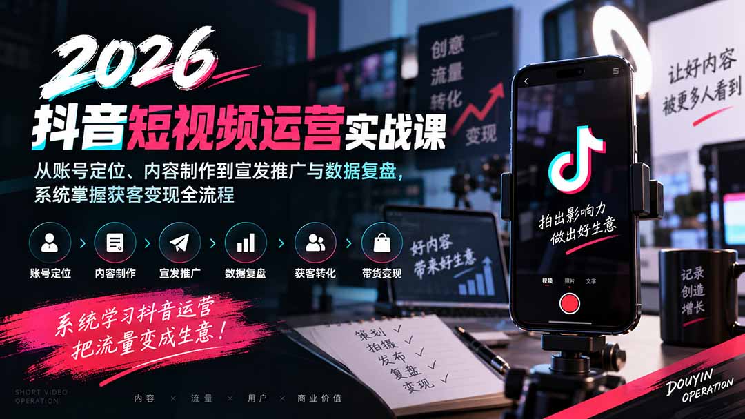 2026抖音短视频运营实战课:从账号定位、内容制作到宣发推广与数据复盘,系统掌握获客变现全流程-优优云创网