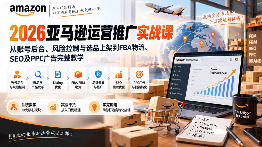 2026亚马逊运营推广实战课:从账号后台、风险控制与选品上架到FBA物流、SEO及PPC广告完整教学-优优云创网