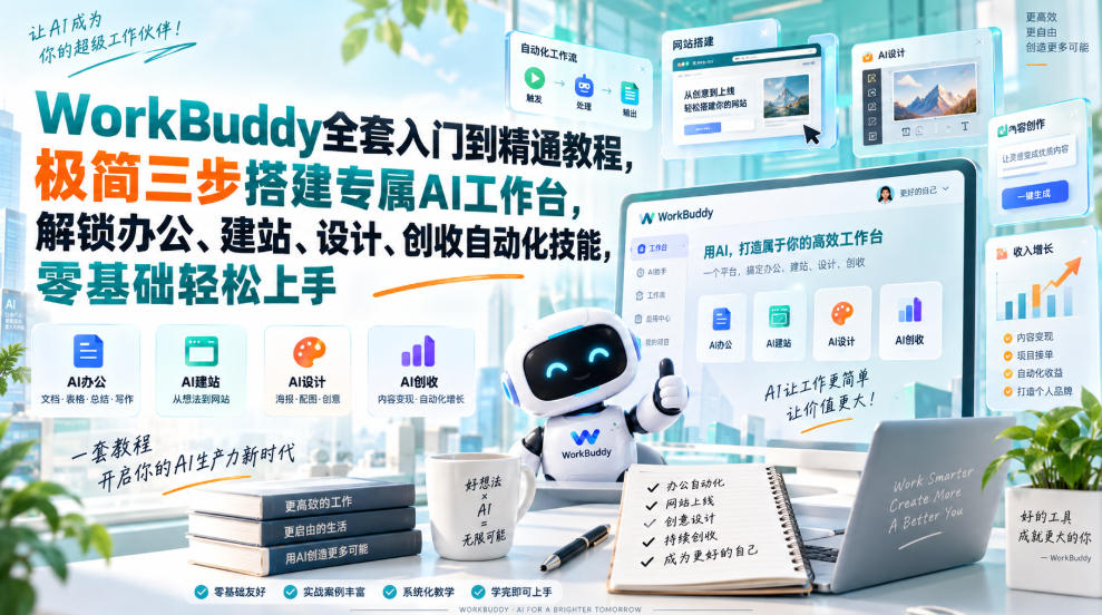 WorkBuddy全套入门到精通教程，极简三步搭建专属AI工作台，解锁办公、建站、设计、创收自动化技能，零基础轻松上手-优优云创网