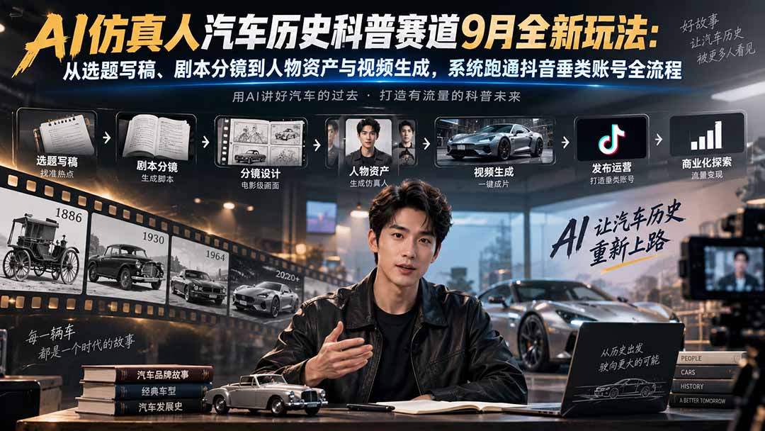 AI仿真人汽车历史科普赛道9月全新玩法：从选题写稿、剧本分镜到人物资产与视频生成，系统跑通抖音垂类账号全流程-优优云创网