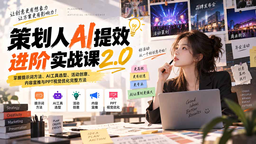 策划人AI提效进阶实战课2.0:掌握提示词方法、AI工具选型、活动创意、内容宣推与PPT视觉优化完整方法-优优云创网