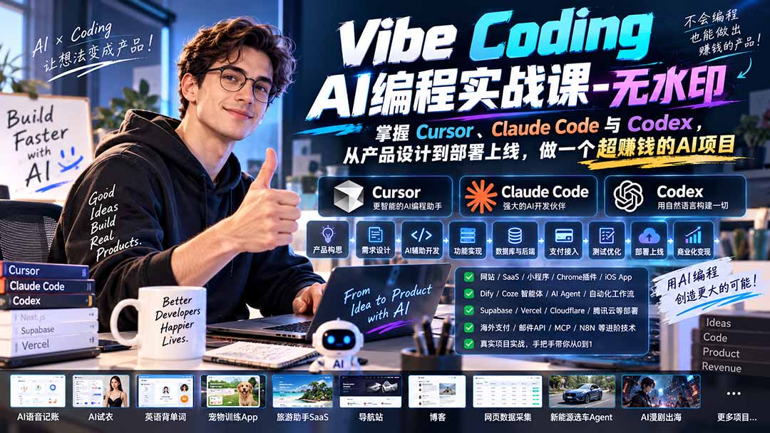 Vibe Coding AI编程实战课-无水印：掌握Cursor、Claude Code与Codex，从产品设计到部署上线，做一个超赚钱的AI项目-优优云创网