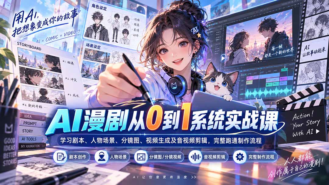AI漫剧从0到1系统实战课：学习剧本、人物场景、分镜图、视频生成及音视频剪辑，完整跑通制作流程-优优云创网