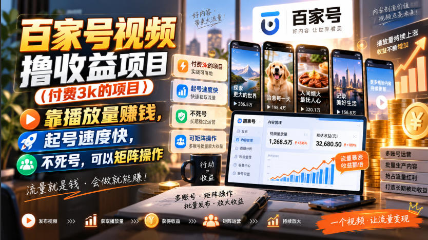 百家号视频撸收益项目(付费3k的项目)，靠播放量賺钱，起号速度快，不死号，可以矩阵操作-优优云创网