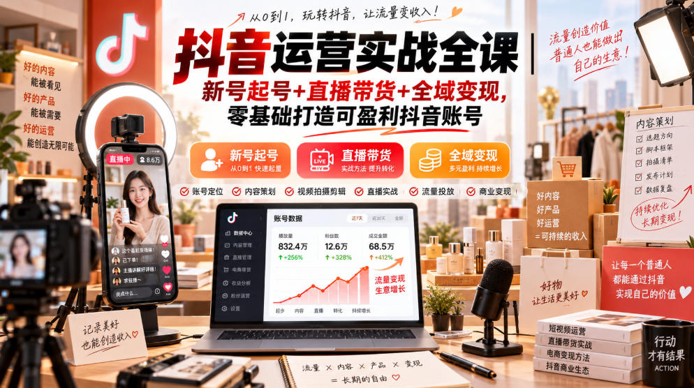 抖音运营实战全课|新号起号+直播带货+全域变现,零基础打造可盈利抖音账号-优优云创网