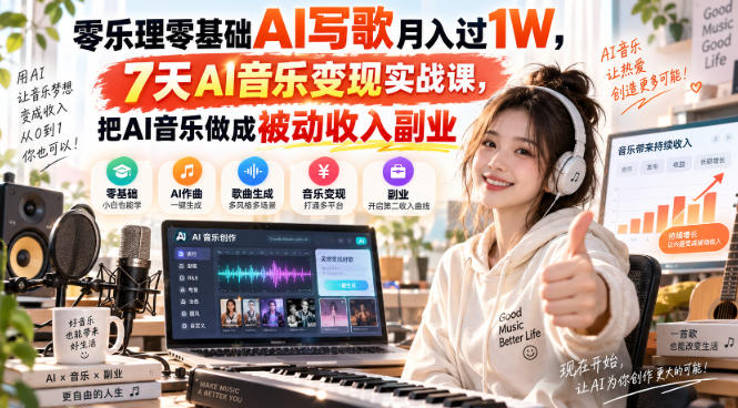 零乐理零基础AI写歌月入过1W，7天AI音乐变现实战课，把AI音乐做成被动收入副业-优优云创网