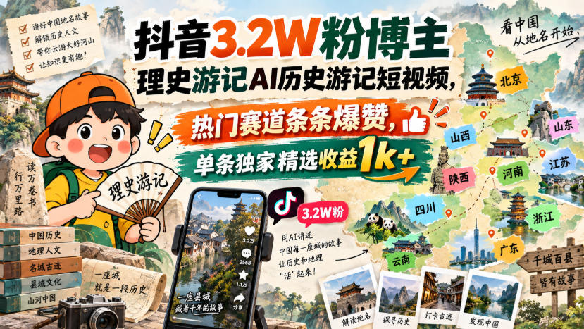 抖音3.2W粉博主理史游记AI历史游记短视频教学,热门赛道条条爆赞,单条独家精选收益1k+-优优云创网