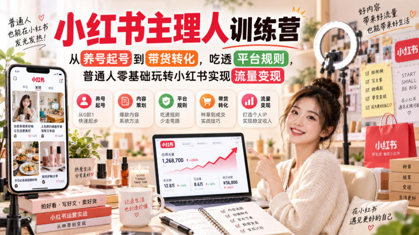 小红书主理人训练营，从养号起号到带货转化，吃透平台规则，普通人零基础玩转小红书实现流量变现-优优云创网