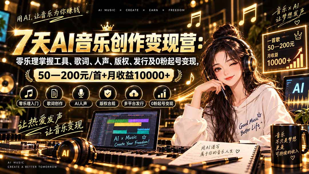 AI音乐创作变现营:零乐理掌握工具、歌词、人声、版权、发行及0粉起号变现,50—200元/首+月收益10000+-优优云创网