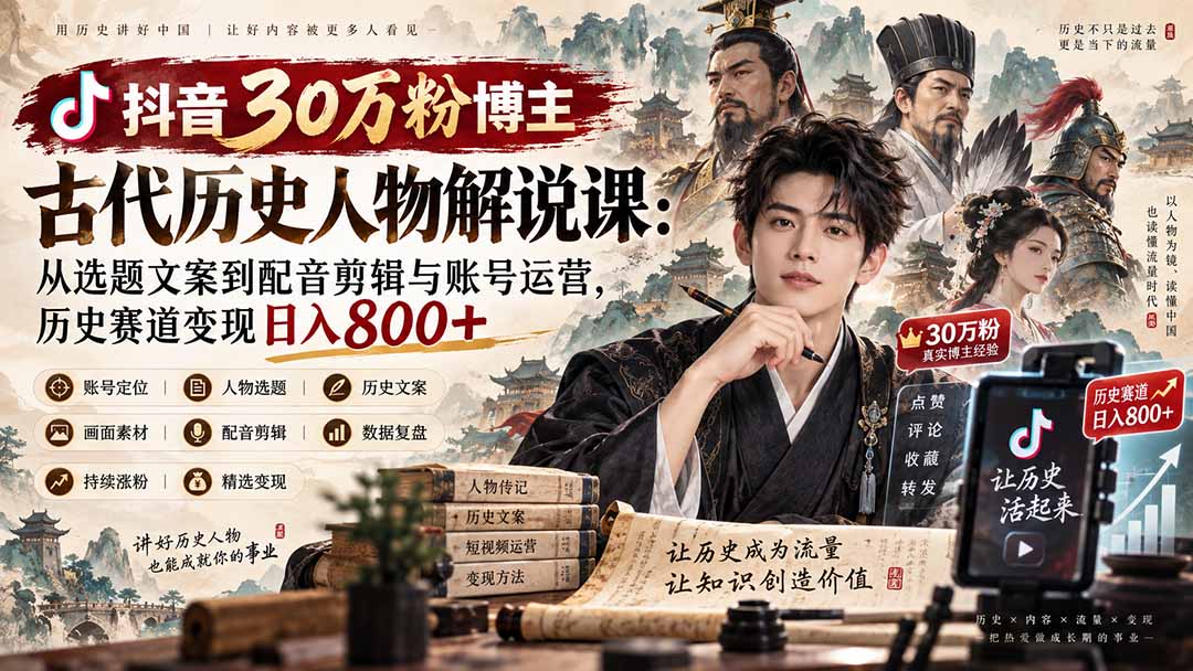 抖音30万粉博主古代历史人物解说课：从选题文案到配音剪辑与账号运营，历史赛道变现日入800+-优优云创网