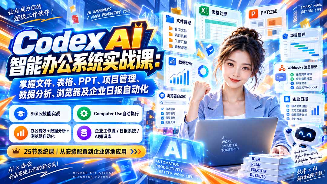 Codex AI智能办公系统实战课:掌握文件、表格、PPT、项目管理、数据分析、浏览器及企业日报自动化-优优云创网