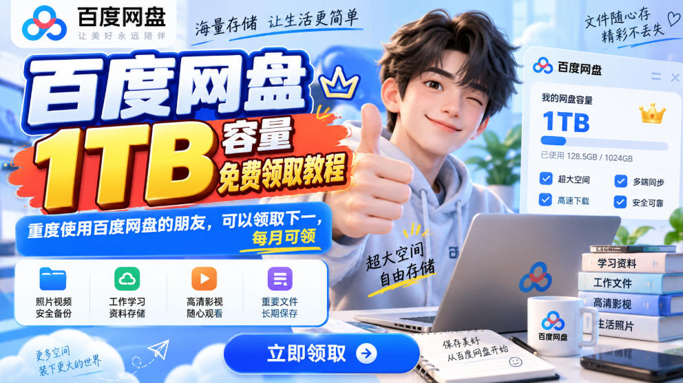 百度网盘1TB容量免费领取教程，重度使用百度网盘的朋友，可以领取下一，每月可领-优优云创网