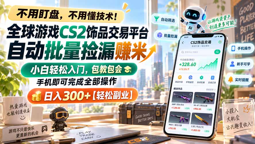全球游戏CS2饰品交易平台自动批量捡漏赚米，小白轻松入门，包教包会，手机即可完成全部操作，日入300+【轻松副业】-优优云创网